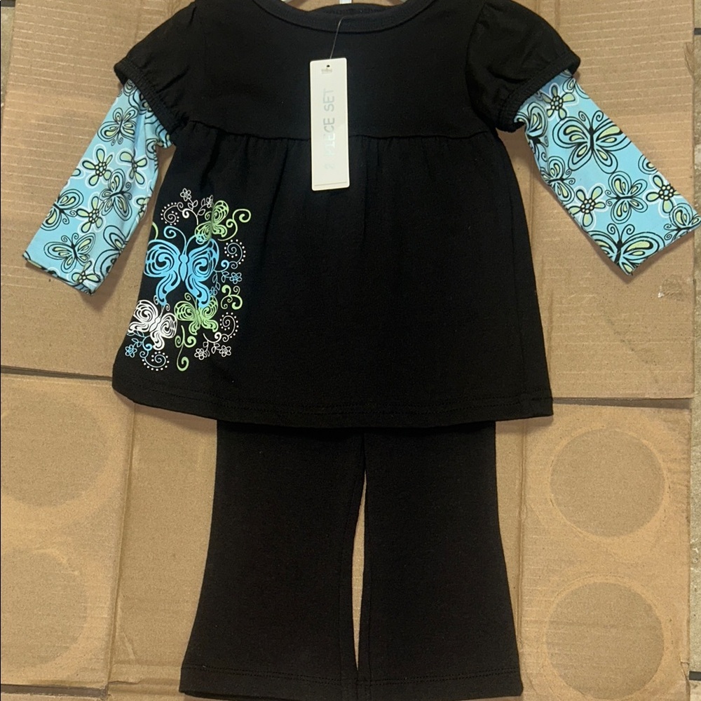 miniwear Black Top and Pants Set with Blue Floral Sleeves